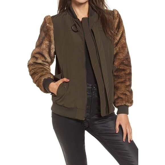 NWT|KENDALL & KYLIE Army Green Faux Fur Sleeve Bomber Jacket, SMALL - Picture 1 of 7